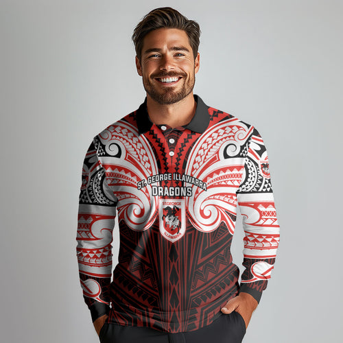 Custom St. George Illawarra Dragons Long Sleeve Polo Shirt Dragon Warrior Polynesia Islander Rugby Mascot