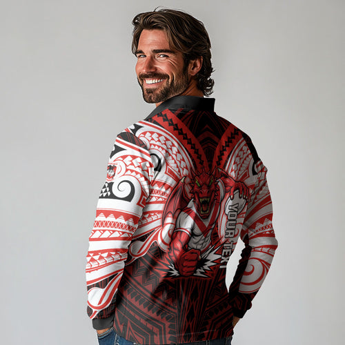 Custom St. George Illawarra Dragons Long Sleeve Polo Shirt Dragon Warrior Polynesia Islander Rugby Mascot