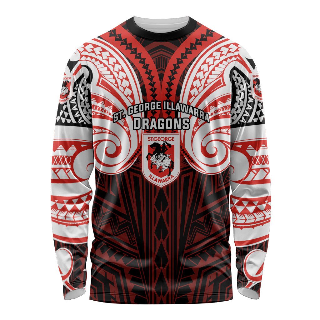 Custom St. George Illawarra Dragons Long Sleeve Shirt Dragon Warrior Polynesia Islander Rugby Mascot