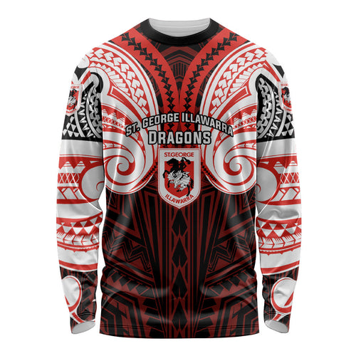 Custom St. George Illawarra Dragons Long Sleeve Shirt Dragon Warrior Polynesia Islander Rugby Mascot