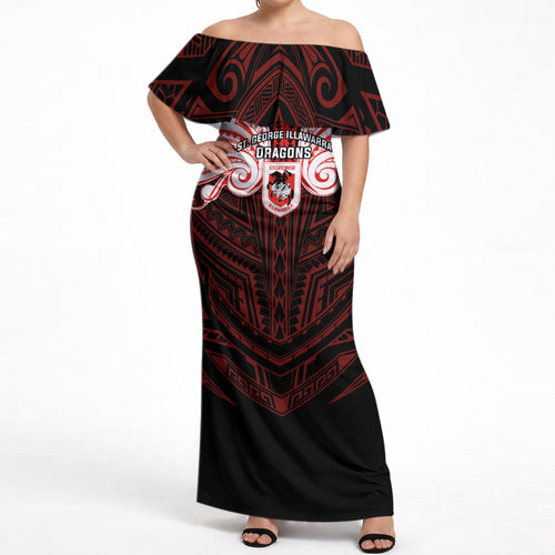 Custom St. George Illawarra Dragons Off Shoulder Maxi Dress Dragon Warrior Polynesia Islander Rugby Mascot