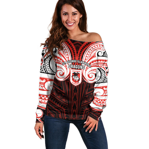Custom St. George Illawarra Dragons Off Shoulder Sweater Dragon Warrior Polynesia Islander Rugby Mascot