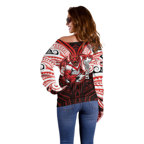 Custom St. George Illawarra Dragons Off Shoulder Sweater Dragon Warrior Polynesia Islander Rugby Mascot