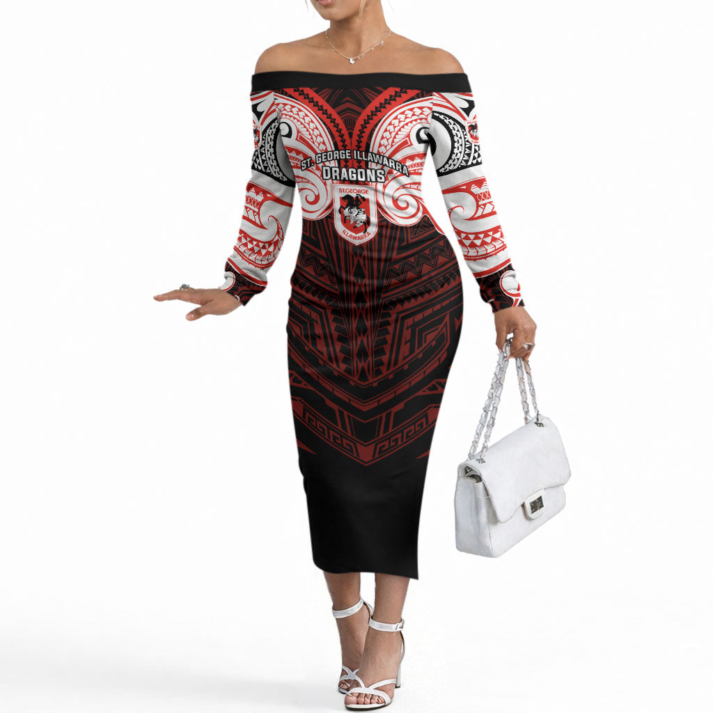 Custom St. George Illawarra Dragons Off The Shoulder Long Sleeve Dress Dragon Warrior Polynesia Islander Rugby Mascot