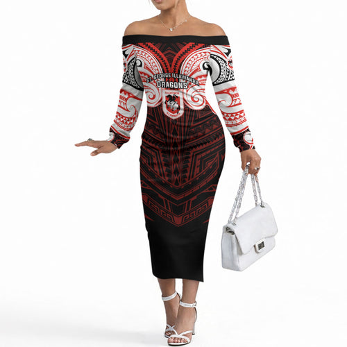 Custom St. George Illawarra Dragons Off The Shoulder Long Sleeve Dress Dragon Warrior Polynesia Islander Rugby Mascot