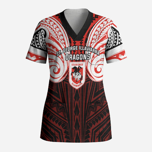 Custom St. George Illawarra Dragons Scrub Top Dragon Warrior Polynesia Islander Rugby Mascot