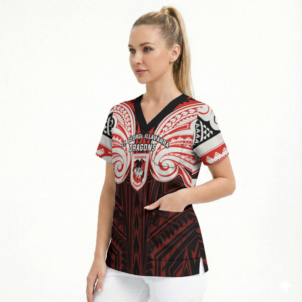 Custom St. George Illawarra Dragons Scrub Top Dragon Warrior Polynesia Islander Rugby Mascot