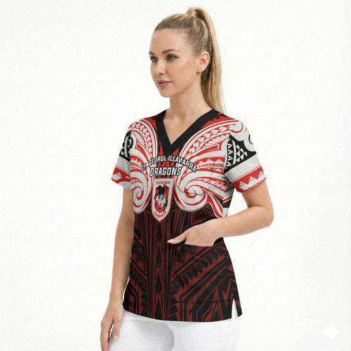 Custom St. George Illawarra Dragons Scrub Top Dragon Warrior Polynesia Islander Rugby Mascot