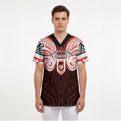Custom St. George Illawarra Dragons Scrub Top Dragon Warrior Polynesia Islander Rugby Mascot