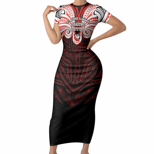 Custom St. George Illawarra Dragons Short Sleeve Bodycon Dress Dragon Warrior Polynesia Islander Rugby Mascot