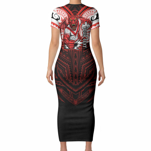 Custom St. George Illawarra Dragons Short Sleeve Bodycon Dress Dragon Warrior Polynesia Islander Rugby Mascot