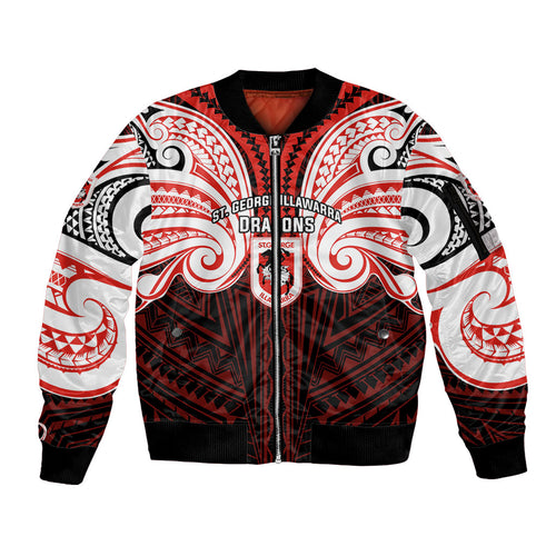 Custom St. George Illawarra Dragons Sleeve Zip Bomber Jacket Dragon Warrior Polynesia Islander Rugby Mascot