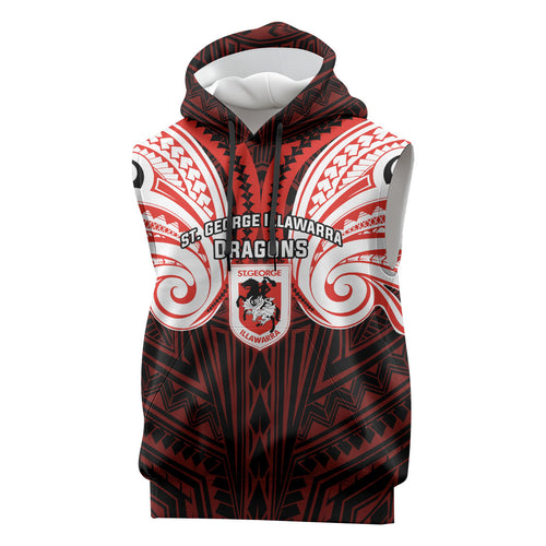 Custom St. George Illawarra Dragons Sleeveless Hoodie Dragon Warrior Polynesia Islander Rugby Mascot