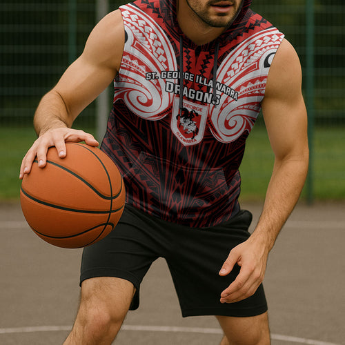Custom St. George Illawarra Dragons Sleeveless Hoodie Dragon Warrior Polynesia Islander Rugby Mascot