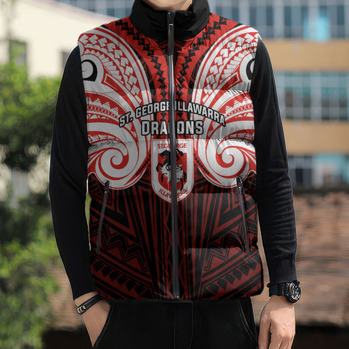 Custom St. George Illawarra Dragons Sleeveless Puffer Jacket Dragon Warrior Polynesia Islander Rugby Mascot