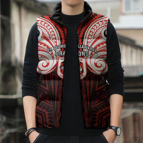 Custom St. George Illawarra Dragons Sleeveless Puffer Jacket Dragon Warrior Polynesia Islander Rugby Mascot
