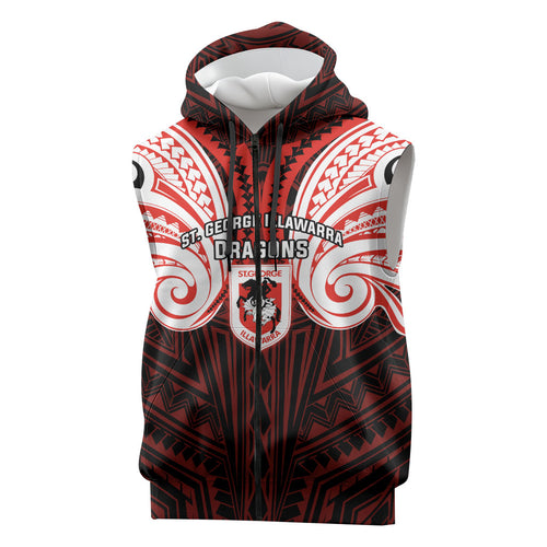 Custom St. George Illawarra Dragons Sleeveless Zip Hoodie Dragon Warrior Polynesia Islander Rugby Mascot