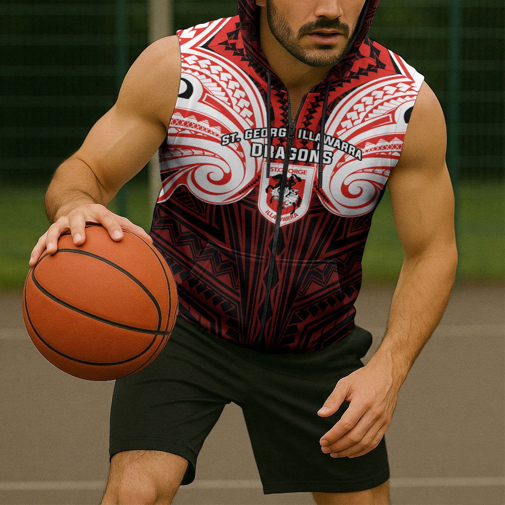 Custom St. George Illawarra Dragons Sleeveless Zip Hoodie Dragon Warrior Polynesia Islander Rugby Mascot