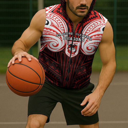 Custom St. George Illawarra Dragons Sleeveless Zip Hoodie Dragon Warrior Polynesia Islander Rugby Mascot