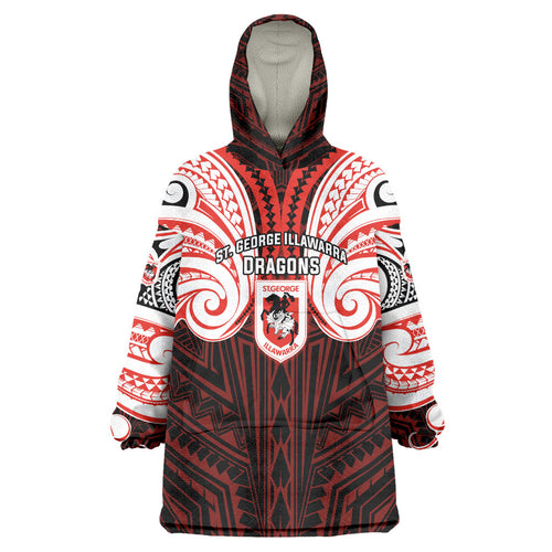 Custom St. George Illawarra Dragons Wearable Blanket Hoodie Dragon Warrior Polynesia Islander Rugby Mascot