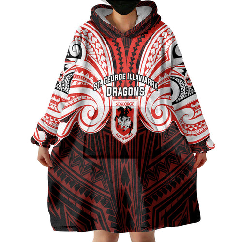 Custom St. George Illawarra Dragons Wearable Blanket Hoodie Dragon Warrior Polynesia Islander Rugby Mascot