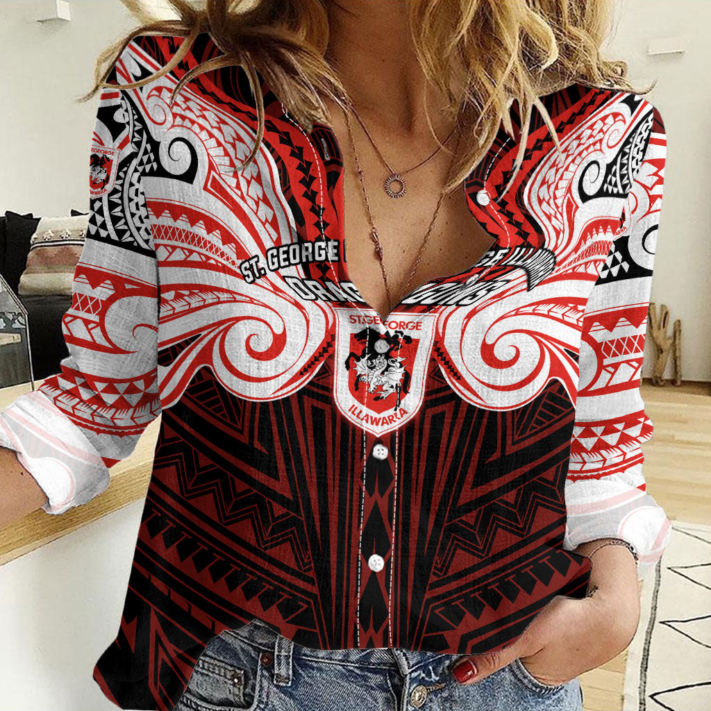 Custom St. George Illawarra Dragons Women Casual Shirt Dragon Warrior Polynesia Islander Rugby Mascot