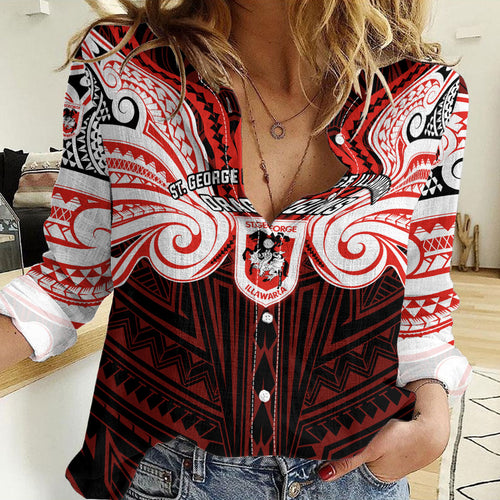 Custom St. George Illawarra Dragons Women Casual Shirt Dragon Warrior Polynesia Islander Rugby Mascot