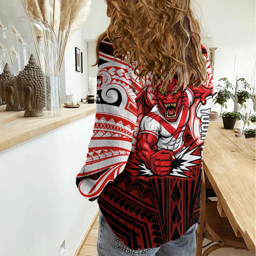 Custom St. George Illawarra Dragons Women Casual Shirt Dragon Warrior Polynesia Islander Rugby Mascot