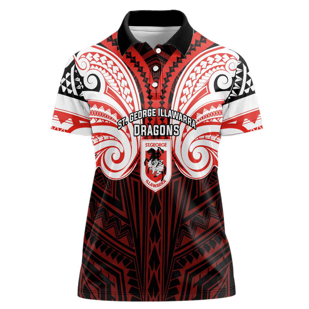 Custom St. George Illawarra Dragons Women Polo Shirt Dragon Warrior Polynesia Islander Rugby Mascot
