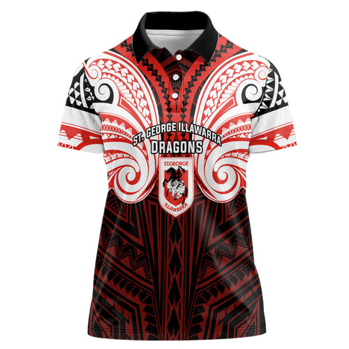 Custom St. George Illawarra Dragons Women Polo Shirt Dragon Warrior Polynesia Islander Rugby Mascot