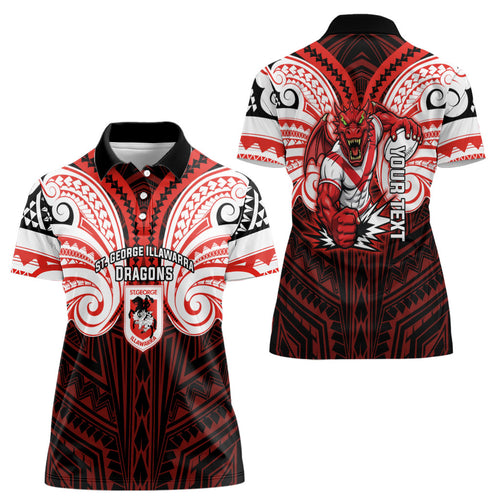 Custom St. George Illawarra Dragons Women Polo Shirt Dragon Warrior Polynesia Islander Rugby Mascot