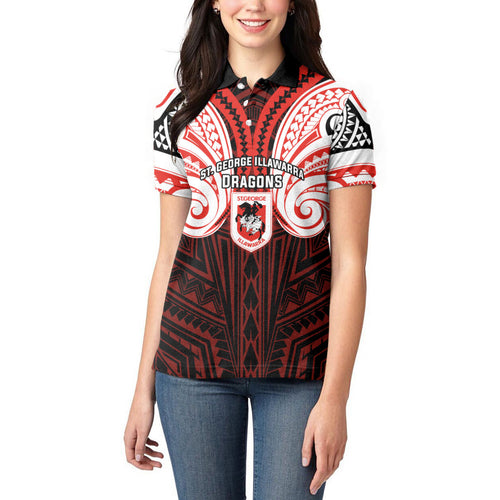 Custom St. George Illawarra Dragons Women Polo Shirt Dragon Warrior Polynesia Islander Rugby Mascot