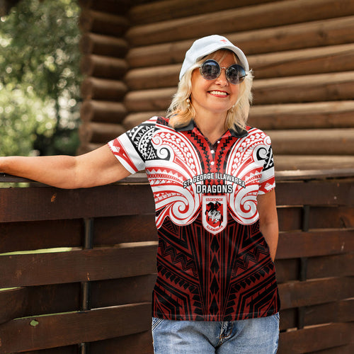 Custom St. George Illawarra Dragons Women Polo Shirt Dragon Warrior Polynesia Islander Rugby Mascot