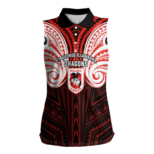 Custom St. George Illawarra Dragons Women Sleeveless Polo Shirt Dragon Warrior Polynesia Islander Rugby Mascot