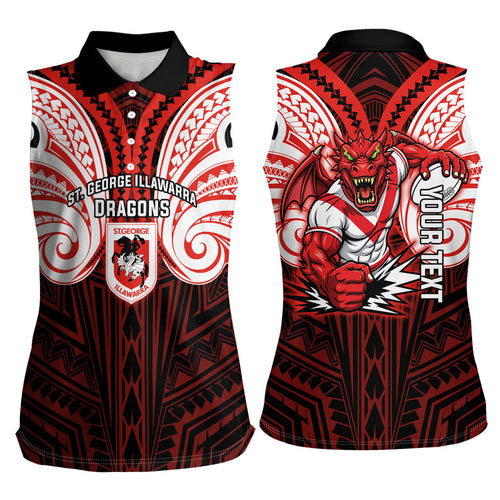 Custom St. George Illawarra Dragons Women Sleeveless Polo Shirt Dragon Warrior Polynesia Islander Rugby Mascot