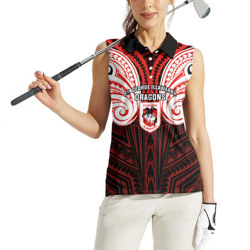 Custom St. George Illawarra Dragons Women Sleeveless Polo Shirt Dragon Warrior Polynesia Islander Rugby Mascot