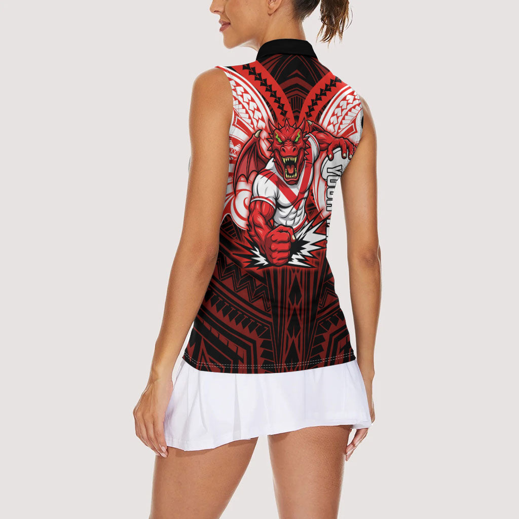 Custom St. George Illawarra Dragons Women Sleeveless Polo Shirt Dragon Warrior Polynesia Islander Rugby Mascot