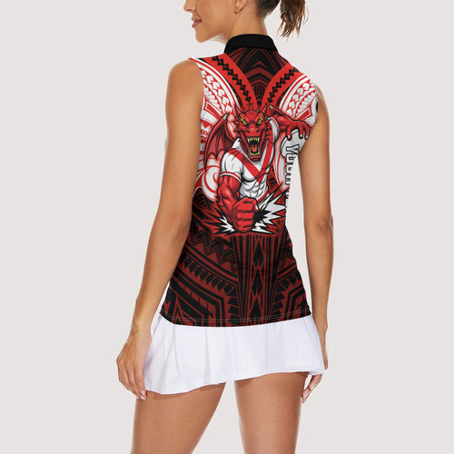 Custom St. George Illawarra Dragons Women Sleeveless Polo Shirt Dragon Warrior Polynesia Islander Rugby Mascot