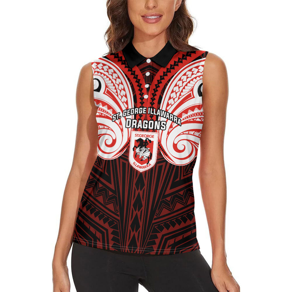 Custom St. George Illawarra Dragons Women Sleeveless Polo Shirt Dragon Warrior Polynesia Islander Rugby Mascot
