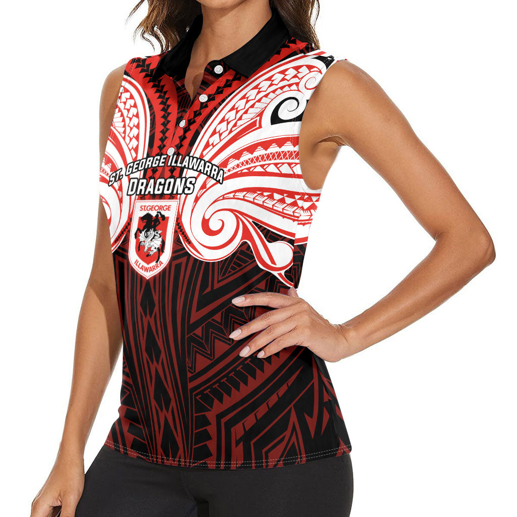 Custom St. George Illawarra Dragons Women Sleeveless Polo Shirt Dragon Warrior Polynesia Islander Rugby Mascot