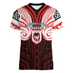 Custom St. George Illawarra Dragons Women V-Neck T-Shirt Dragon Warrior Polynesia Islander Rugby Mascot