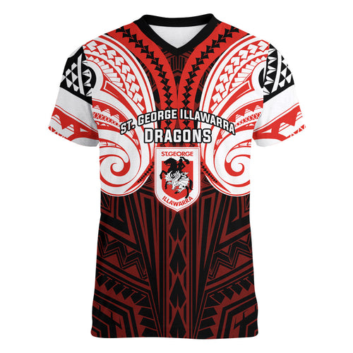 Custom St. George Illawarra Dragons Women V-Neck T-Shirt Dragon Warrior Polynesia Islander Rugby Mascot