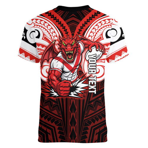 Custom St. George Illawarra Dragons Women V-Neck T-Shirt Dragon Warrior Polynesia Islander Rugby Mascot