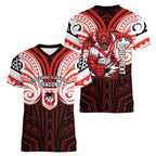 Custom St. George Illawarra Dragons Women V-Neck T-Shirt Dragon Warrior Polynesia Islander Rugby Mascot