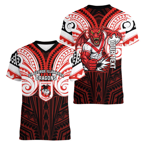 Custom St. George Illawarra Dragons Women V-Neck T-Shirt Dragon Warrior Polynesia Islander Rugby Mascot