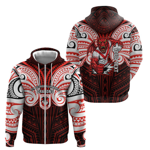 Custom St. George Illawarra Dragons Zip Hoodie Dragon Warrior Polynesia Islander Rugby Mascot