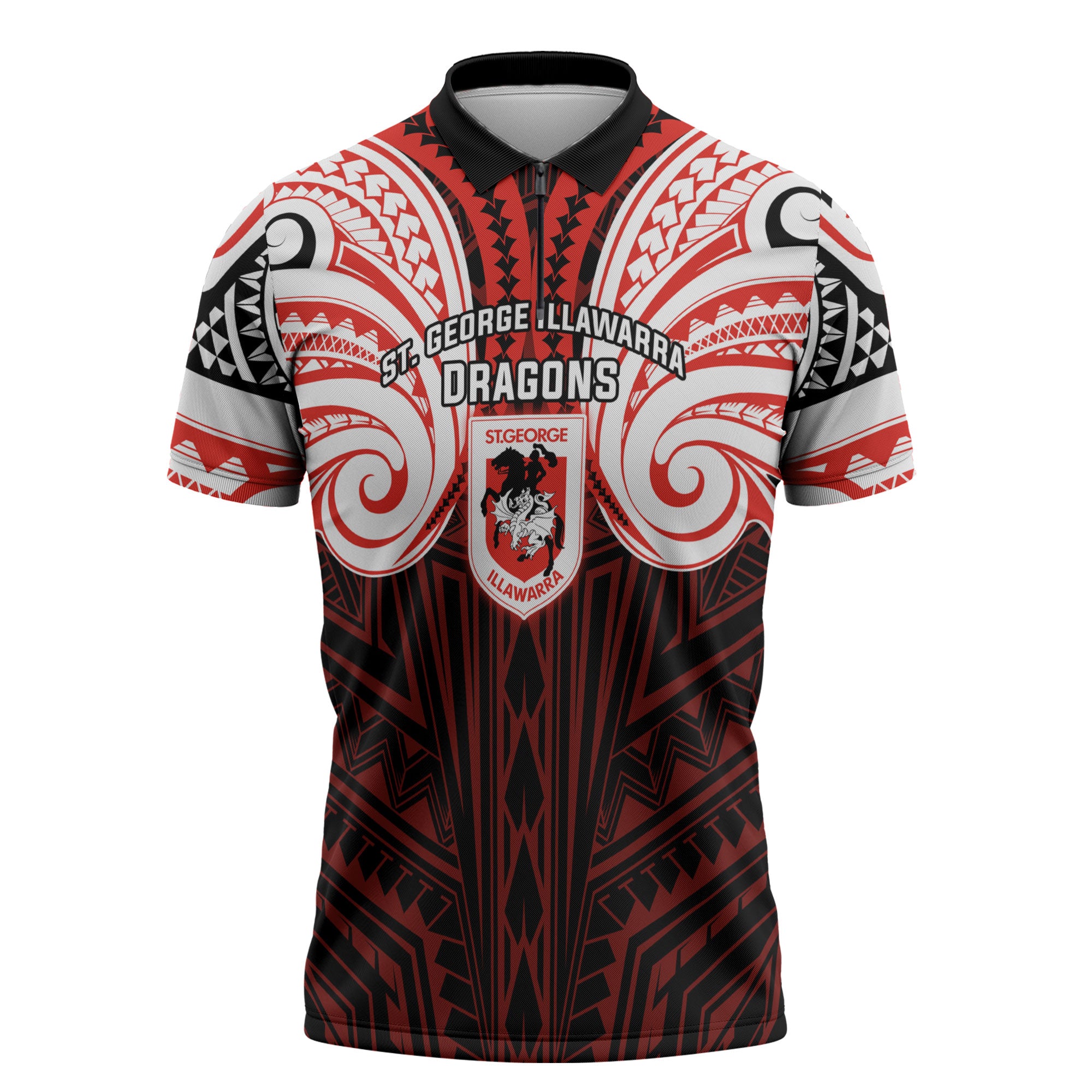 Custom St. George Illawarra Dragons Zipper Polo Shirt Dragon Warrior Polynesia Islander Rugby Mascot