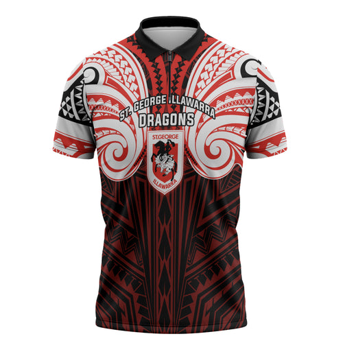 Custom St. George Illawarra Dragons Zipper Polo Shirt Dragon Warrior Polynesia Islander Rugby Mascot