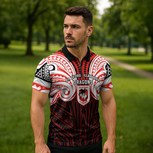 Custom St. George Illawarra Dragons Zipper Polo Shirt Dragon Warrior Polynesia Islander Rugby Mascot