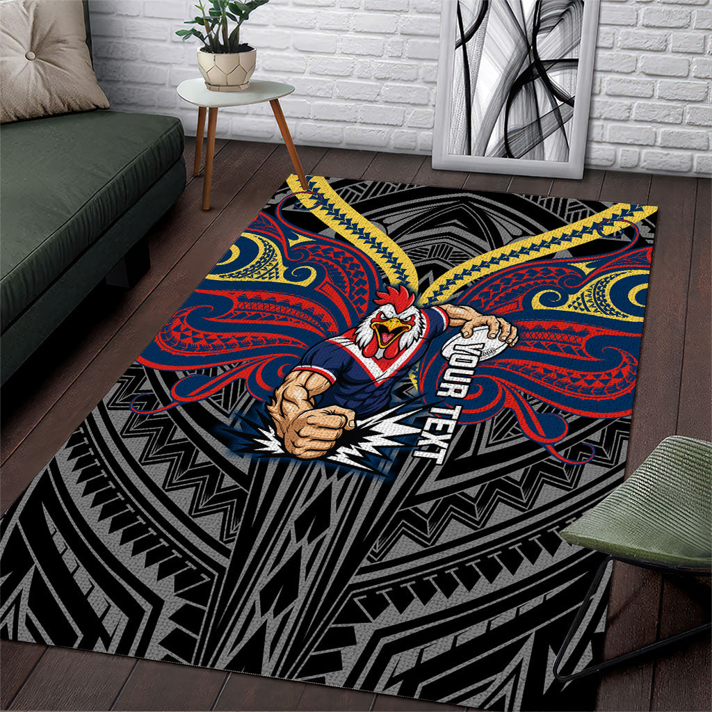 Custom Sydney Roosters Area Rug Roosters Warrior Polynesia Islander Rugby Mascot